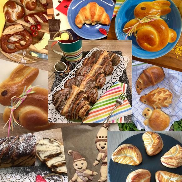 Vielfalt an Gebäck, darunter Croissants und Brzeln in unterschiedlichen Formen.