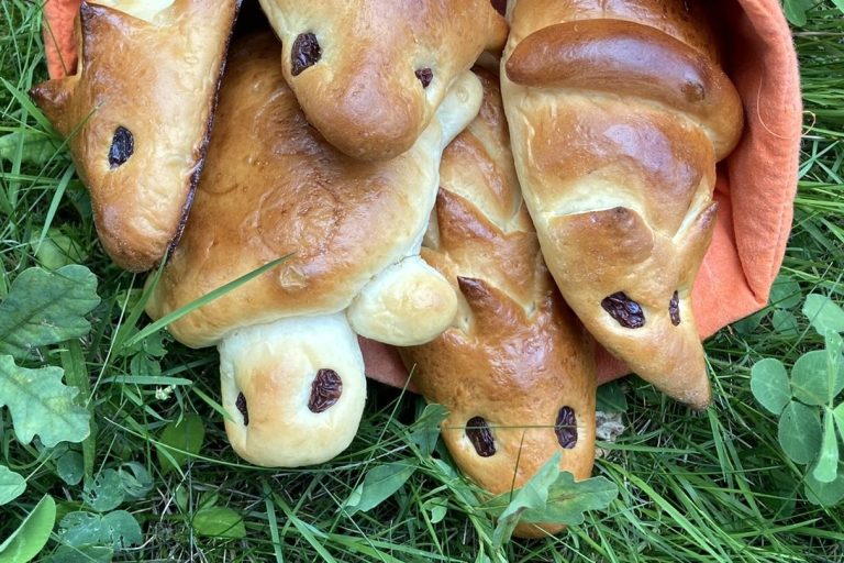 Ein Korb mit verschiedenen Hefeteigtierchen, auf grünem Gras.